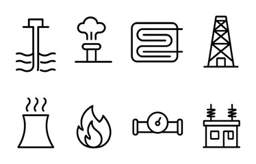 Geothermal Energy Icons. Outline icon set of geothermal power plants: geothermal well, steam outlet, heat