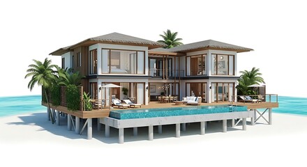 Fototapeta premium Tropical overwater villa on a sandy beach, modern design, luxury vacation home.