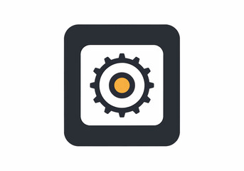 Illustration of a cogwheel icon centered on a white square within a rounded dark gray square