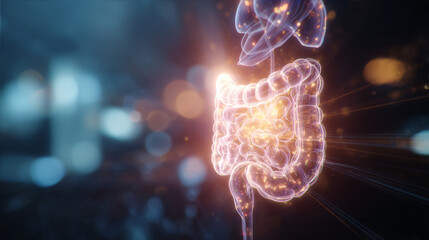Illustrated intestines and stomach with dynamic data graphs and health metrics visualizations, symbolizing the holistic connection between physical wellness and digestive system health. 
