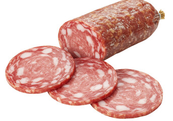 A whole salami sausage with slices cut from it, isolated on a transparent background