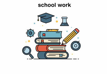 Illustration of a stack of books with a pencil, magnifying glass, and graduation cap for education theme
