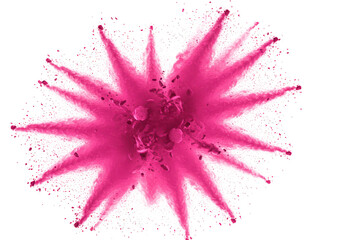 A vibrant pink powder explosion creates a starburst pattern against a transparent background