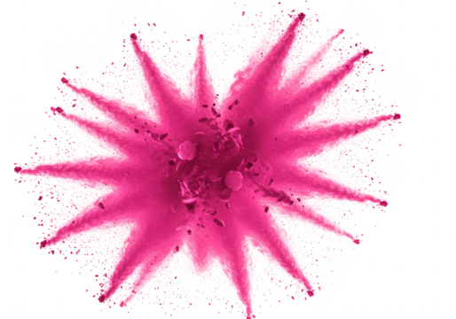 A vibrant pink powder explosion creates a starburst pattern against a transparent background