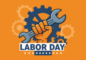 Illustration of labor day with a fist holding a wrench and gears on an orange background design art