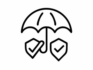Umbrella protecting two shields with check marks representing security and insurance coverage icon