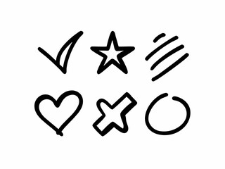 Illustration of hand drawn check mark, star, lines, heart, cross and circle on a white background