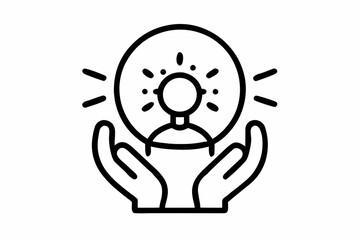 Person with radiating circle in hands representing support and care in black and white outline style
