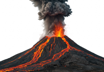 A powerful volcano erupts with glowing lava, smoke, and ash billowing into the sky isolated on transparent background