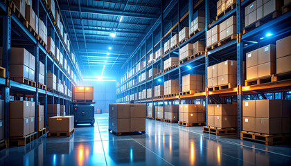 Automated Warehouse with Stacked Cardboard Boxes and a Robotic Forklift