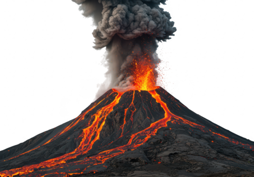 A powerful volcano erupts with glowing lava, smoke, and ash billowing into the sky isolated on transparent background