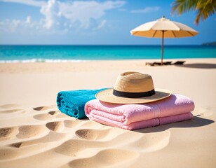 Obraz premium Widok z góry na samotny ręcznik na szerokiej, pustej plaży. Widać ślady stóp, cień osoby, być może parasol lub torbę plażową. Piasek w ciepłych tonach beżu.