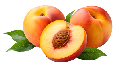 Ripe peaches with green leaves and one halved peach showing seed isolated on transparent background