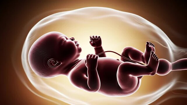 Detailed medical animation of an unborn baby developing inside the amniotic sac with a glowing background