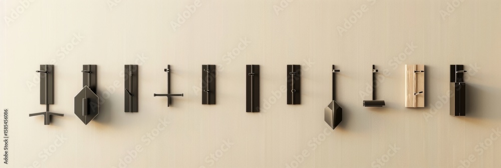 Poster a lineup of coat hooks in varying sizes and shapes all with geometric flair.