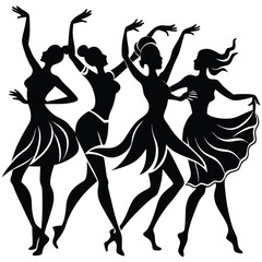 Isolated Silhouette of Three Dancing Women on White Background