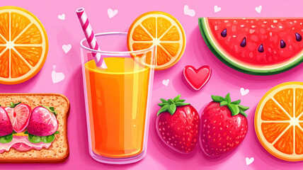 cute cartoon lunchbox filled with healthy food: sandwich, apple, juice box, baby carrots, illustrated in colorful kids&rsquo; style