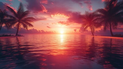 Tropical paradise, infinity pool facing a glowing sunset, palm trees gently swaying