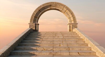 An ancient stone structure with a staircase with railings and an arch under a colorful sunset sky