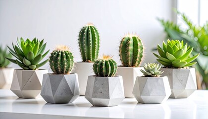 Assorted cacti and succulents in geometric concrete pots
