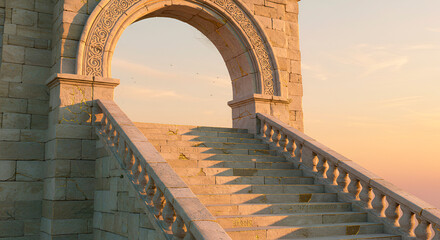 An ancient stone structure with a staircase with railings and an arch under a colorful sunset sky