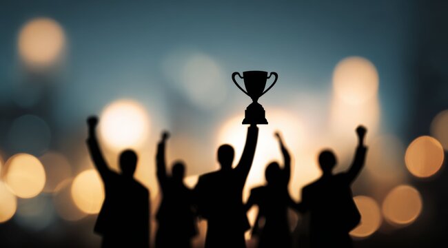 A trophy is held high as a team member is applauded, representing employee recognition and the achievement of success, celebrated by a group of cheering colleagues.
