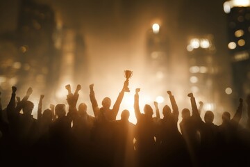 A trophy is held high as a team member is applauded, representing employee recognition and the achievement of success, celebrated by a group of cheering colleagues.