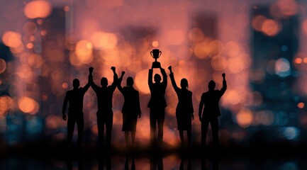A trophy is held high as a team member is applauded, representing employee recognition and the achievement of success, celebrated by a group of cheering colleagues.