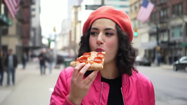 A cheerful woman wearing a pink jacket and red beret savors a slice of pizza on a busy city street