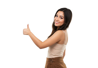 A happy young woman gives a thumbs up gesture, isolated on a transparent background
