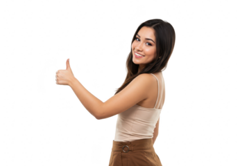 A happy young woman gives a thumbs up gesture, isolated on a transparent background