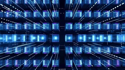 Futuristic digital data center with glowing blue servers and light trails, representing technology - Powered by Adobe