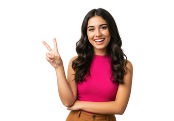 A cheerful young woman flashes the peace sign, isolated on a transparent background