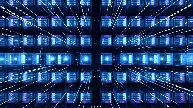 Futuristic digital data center with glowing blue servers and light trails, representing technology - Powered by Adobe