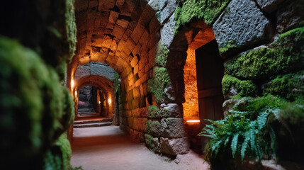 Ancient stone hallway with mossy textures and atmospheric lighting in an old ruin