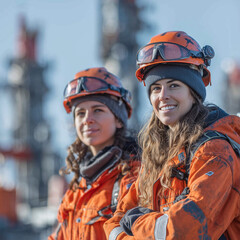 Two women wearing orange safety gear and hard hats are smiling at the camera. They are likely workers at a construction site or a similar industrial environment
