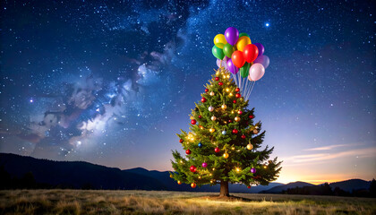 Naklejka premium Decorated Christmas Tree Under Starry Night Sky