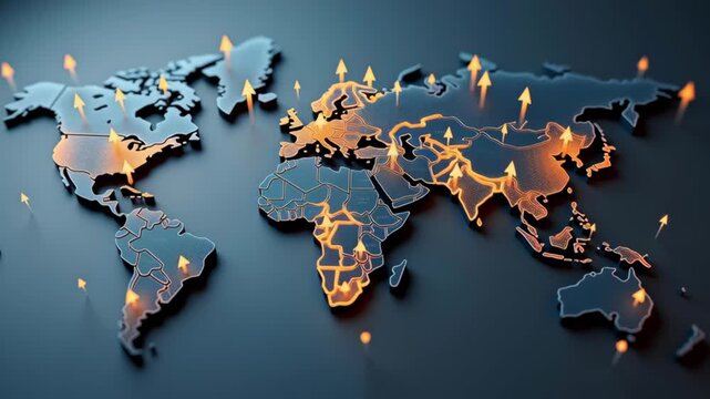 Global inflation concept ,Dynamic world map showcasing glowing arrows, highlighting global growth, connections, trends