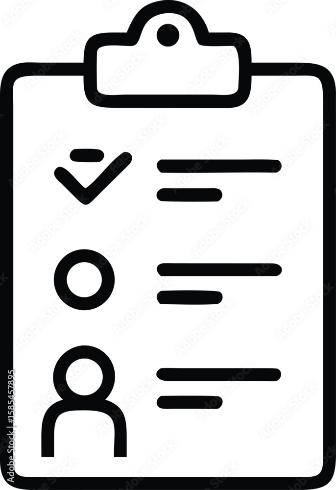Poster clipboard checklist with a checkmark, circle and a user icon in outline style
