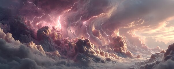 Euphoria clouds bursting with neon pink lightning and glowing sun halos