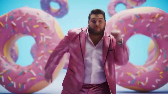 Energetic plus size man in a pink suit joyfully dances surrounded by huge floating pink donuts