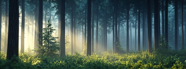 Foggy trees, morning forest smoke, and a misty tree-lined morning, all in 3D rendering