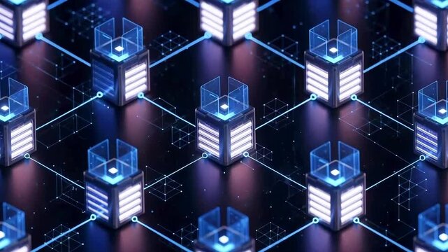 Futuristic digital network with glowing data servers interconnected in a dark space