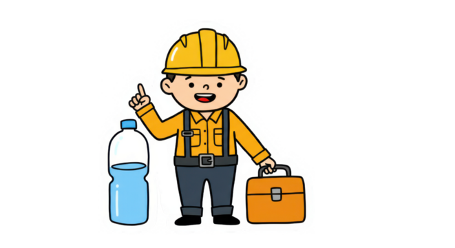 Cute Cartoon Construction Worker with Idea, Briefcase and Water Bottle