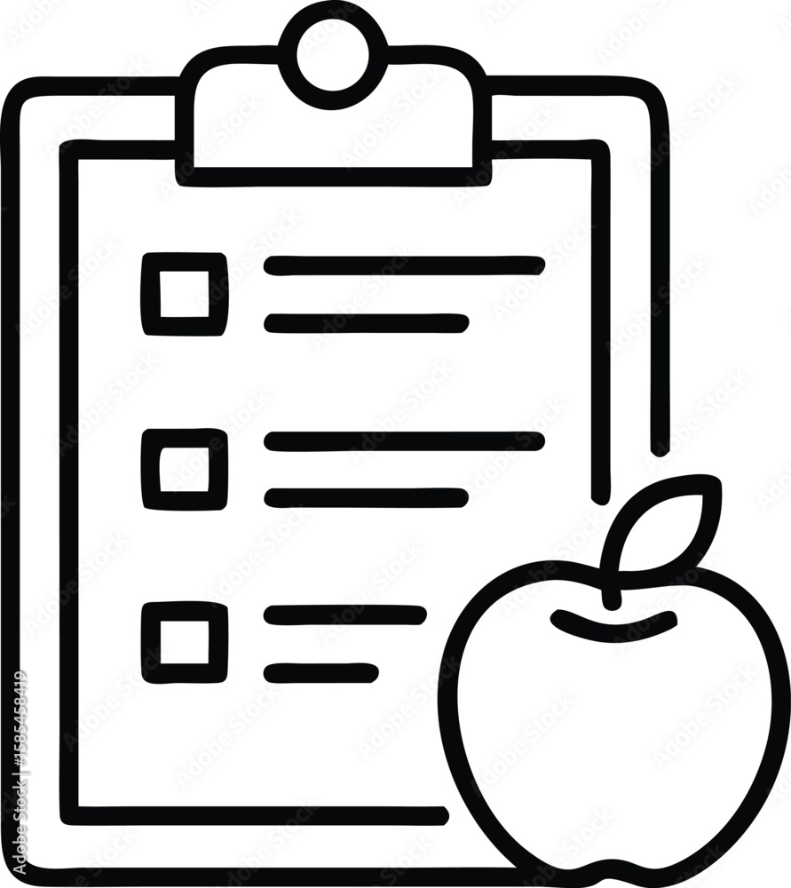 Poster clipboard with checklist and apple icon in simple outline style
