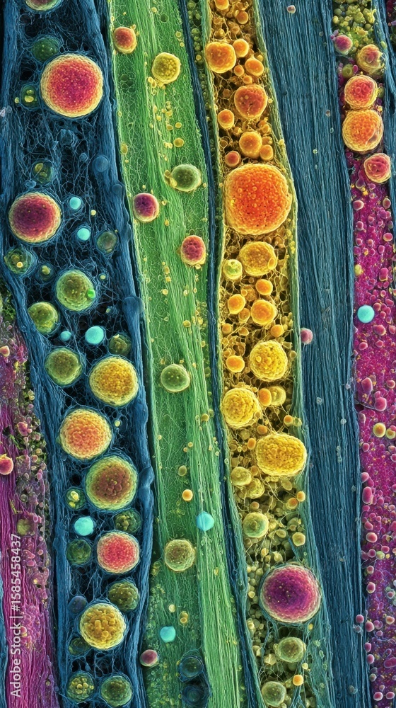 Poster detailed microscope shot revealing the bustling microhabitat surrounding plant roots featuring an ar