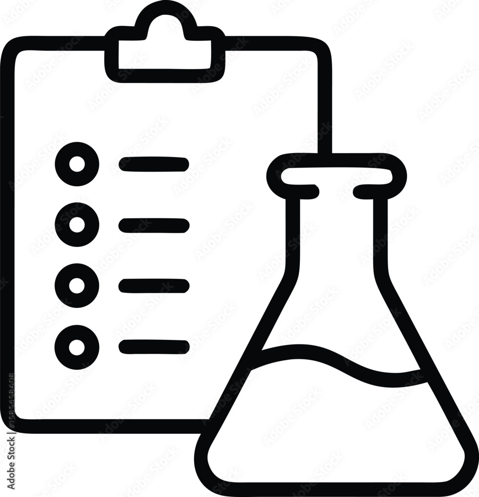 Poster clipboard with checklist and lab flask in outline style icon