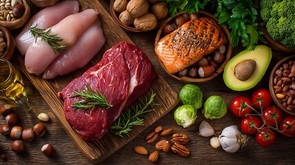 A spread of various Paleo diet essentials including lean meats, nuts, and vegetables, offering a glimpse into a wholesome, natural eating approach.