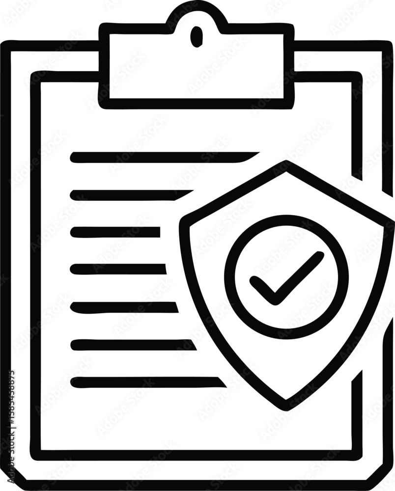Poster clipboard with document and shield icon with check mark in outline style