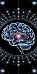 Modern AI Brain Concept with Glowing Blue Neural Pathways Displayed in a Futuristic Digital Network Grid, High-Tech Abstract Illustration